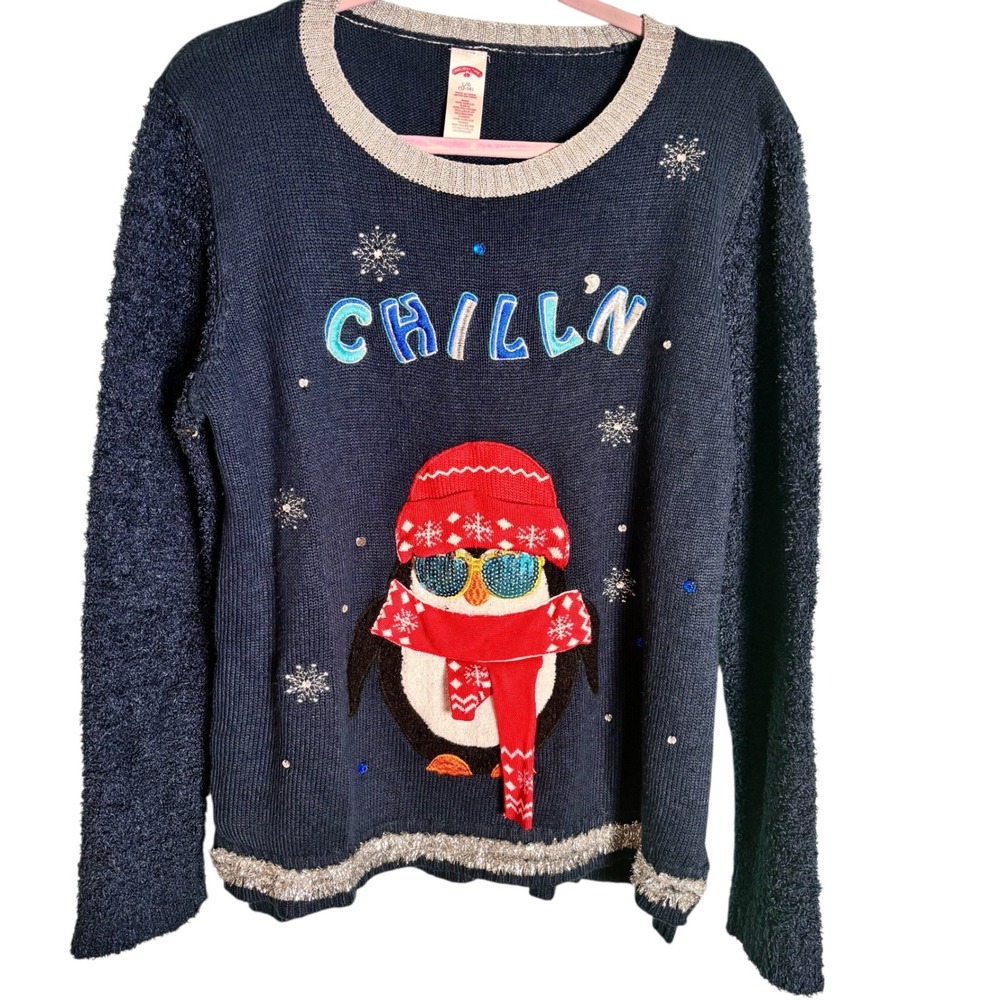 Holiday Time Womens L G Ugly Christmas Sweater‎ Penguin Chillin Snowflakes Blue